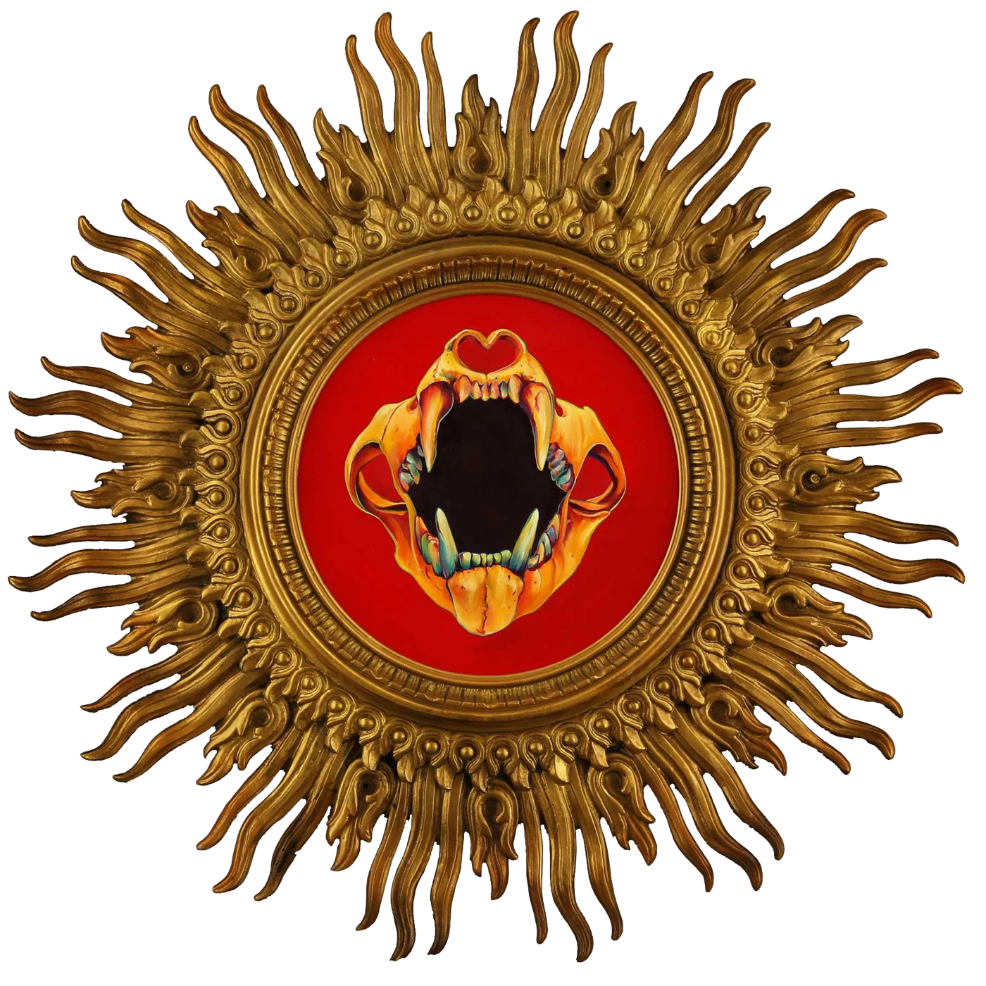 Roar by Lindsey Millikan — a vividly painted animal skull on a red circular ground, set in an ornate gilded sunburst frame